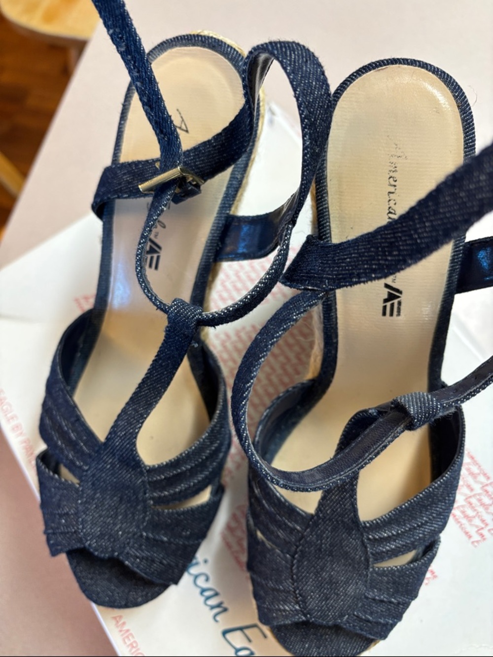 American Eagle Outfitters Dark Blue Denim Espadrille Wedge Sandals - Picture 3 of 7